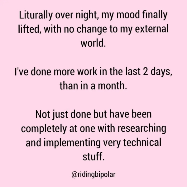 Liturally over night, my mood finally lifted, with no change to my external world. I've done more work in the last 2 days, than in a month. Not just done but have been completely at one with researching and implementing very technical stuff. @ridingbipolar