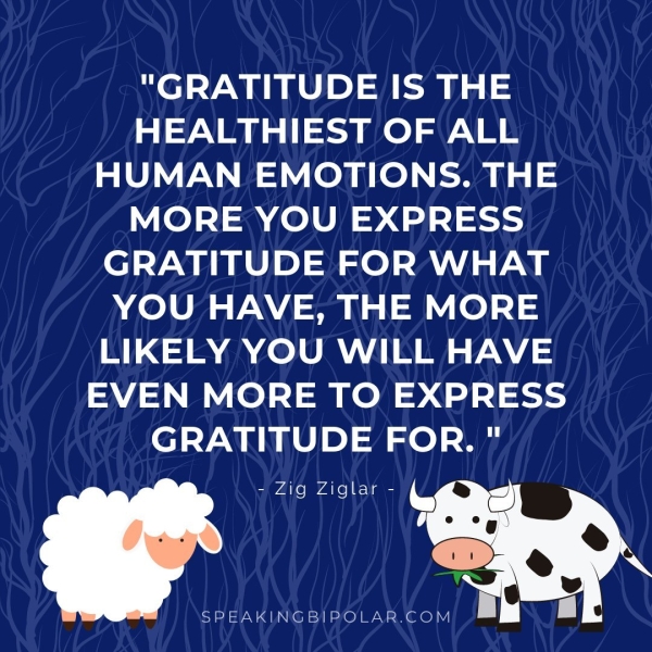 "GRATITUDE IS THE HEALTHIEST OF ALL HUMAN EMOTIONS. THE MORE YOU EXPRESS GRATITUDE FOR WHAT YOU HAVE, THE MORE LIKELY YOU WILL HAVE EVEN MORE TO EXPRESS GRATITUDE FOR. " - Zig Ziglar - & bi aS SPEAKINGBIPOLAR.COM