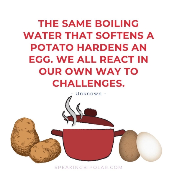 THE SAME BOILING WATER THAT SOFTENS A POTATO HARDENS AN EGG. WE ALL REACT IN OUR OWN WAY TO CHALLENGES. - Unknown - SPEAKINGBIPOLAR.COM