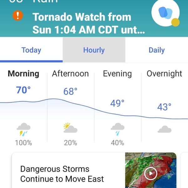 Sun 1:04 AM CDT unt... Today Hourly Daily Morning Afternoon Evening Overnight 70° 68° 49° 43° wu 4 4 100% 20% Dangerous Storms Continue to Move East